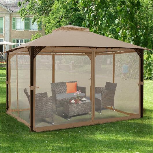 12 x 10 Feet Outdoor Double Top Patio Gazebo with Netting-Brown at Set Shop and Smile