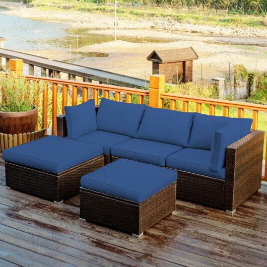 5 Pieces Patio Rattan Sofa Set with Cushion and Ottoman-Navy at Set Shop and Smile