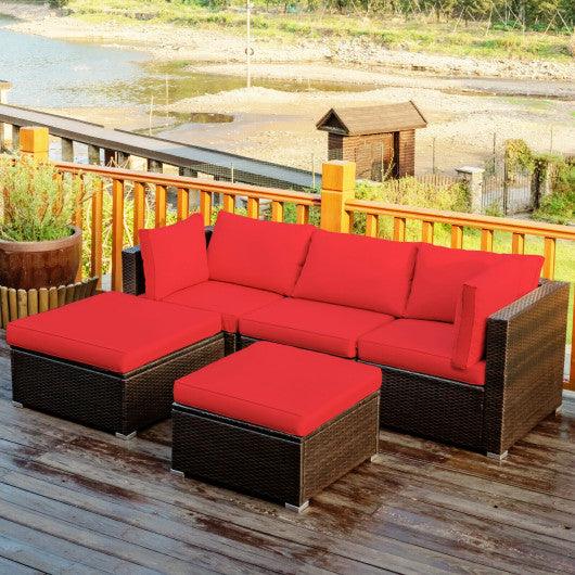 5 Pieces Patio Rattan Sofa Set with Cushion and Ottoman-Red at Set Shop and Smile