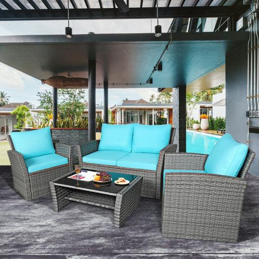 4 Pieces Patio Rattan Furniture Set Sofa Table with Storage Shelf Cushion-Turquoise at Set Shop and Smile