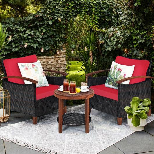 3 Pieces Patio Rattan Furniture Set with Washable Cushion and Acacia Wood Tabletop-Red at Set Shop and Smile