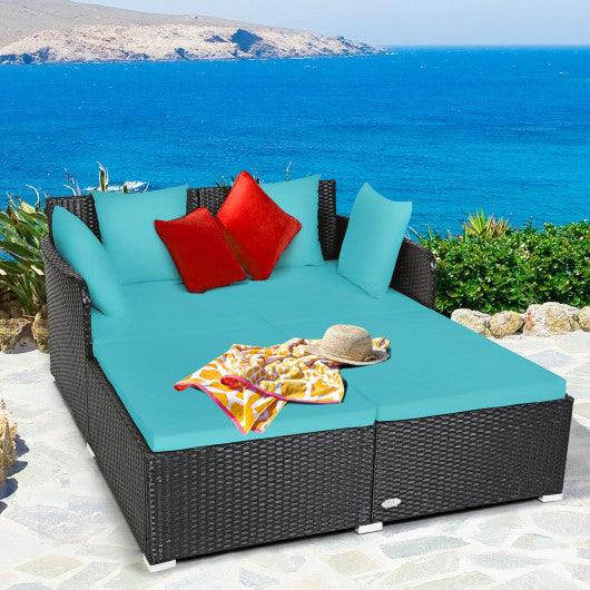 Spacious Outdoor Rattan Daybed with Upholstered Cushions and Pillows-Turquoise at Set Shop and Smile