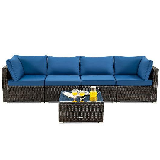 5 Pieces Cushioned Patio Rattan Furniture Set with Glass Table-Navy at Set Shop and Smile