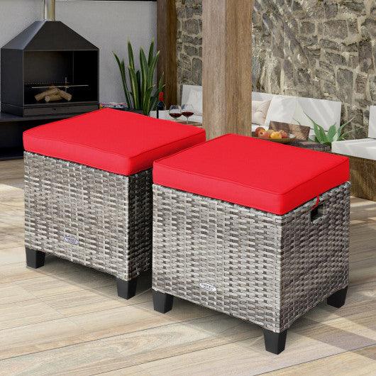 2PCS Patio Rattan Wicker Ottoman Seat with Removable Cushions-Red at Set Shop and Smile
