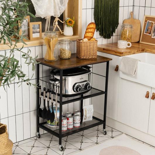 3-Tier Kitchen Serving Cart Utility Standing Microwave Rack with Hooks Brown at Set Shop and Smile