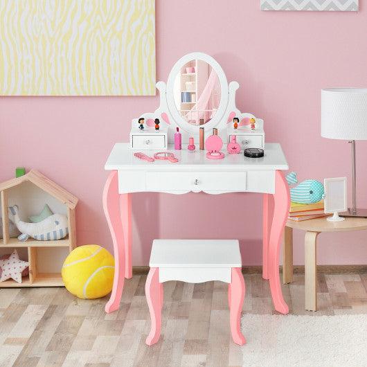 Kids Vanity Princess Makeup Dressing Table Stool Set with Mirror and Drawer-White at Set Shop and Smile