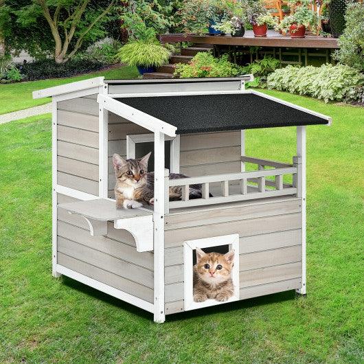 2-Story Wooden Patio Luxurious Cat Shelter House Condo with Large Balcony at Set Shop and Smile