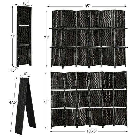 6 Panel Folding Weave Fiber Room Divider with 2 Display Shelves -Black at Set Shop and Smile