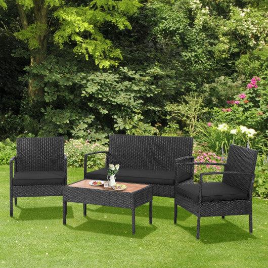 4 Pieces Patio Rattan Cushioned Furniture Set with Wooden Tabletop at Set Shop and Smile