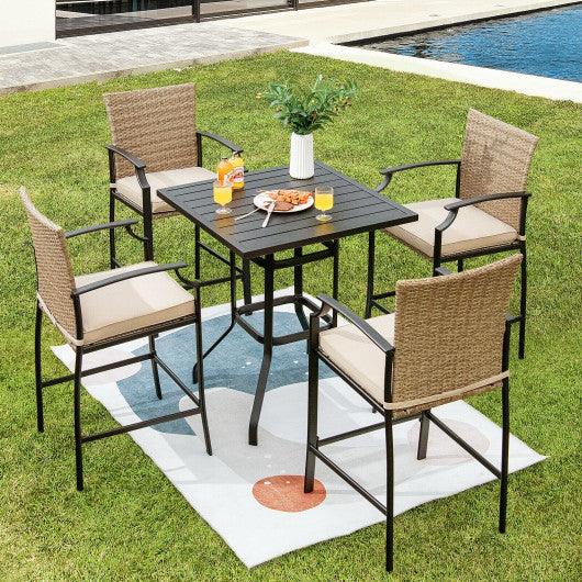 5 Pieces Outdoor Rattan Bistro Bar Stool Table Set with Cushions at Set Shop and Smile