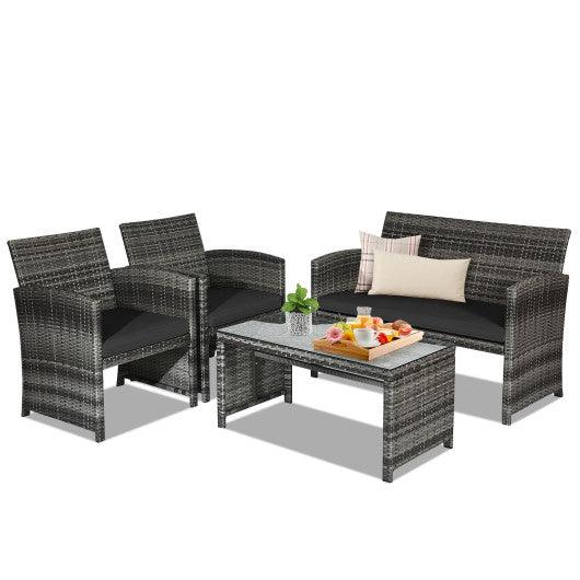 4 Pieces Patio Rattan Furniture Set with Glass Table and Loveseat-Black at Set Shop and Smile