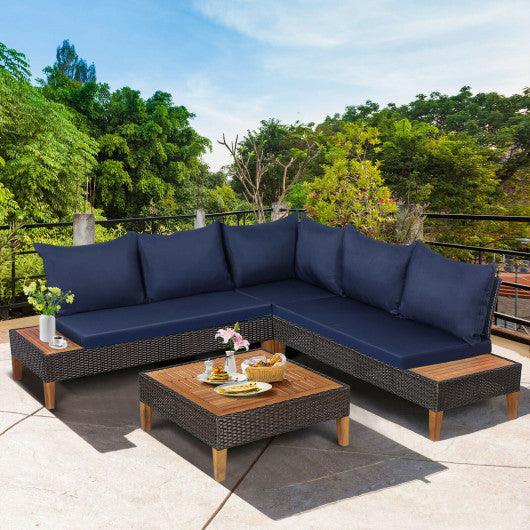 4 Pieces Patio Cushioned Rattan Furniture Set with Wooden Side Table-Navy at Set Shop and Smile