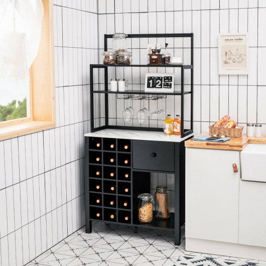 Kitchen Bakers Rack Freestanding Wine Rack Table with Glass Holder and Drawer-Black at Set Shop and Smile