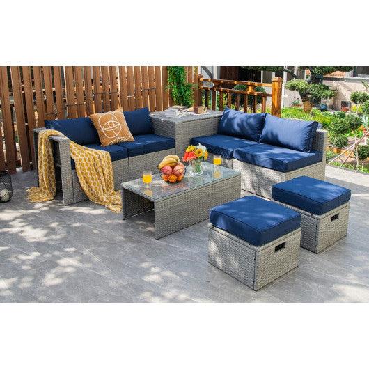 8 Pieces Patio Rattan Furniture Set with Storage Waterproof Cover and Cushion-Navy at Set Shop and Smile