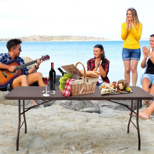 6 Feet Folding Portable Rattan Table with Carrying Handle at Set Shop and Smile