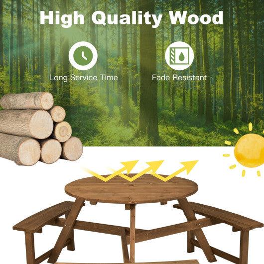 6-person Round Wooden Picnic Table with Umbrella Hole and 3 Built-in Benches-Dark Brown at Set Shop and Smile