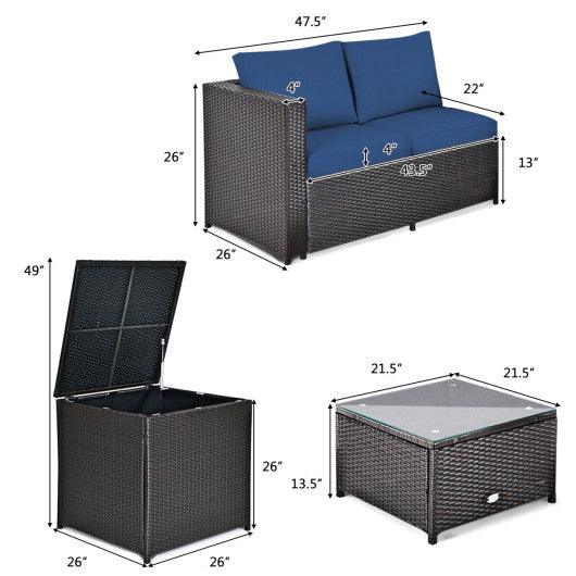4 Pieces Outdoor Patio Rattan Furniture Set with Cushioned Loveseat and Storage Box-Navy at Set Shop and Smile