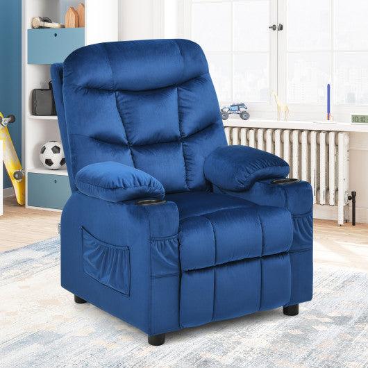 Kids PU Leather/Velvet Fabric Kids Recliner Chair with Cup Holders-Light Blue at Set Shop and Smile