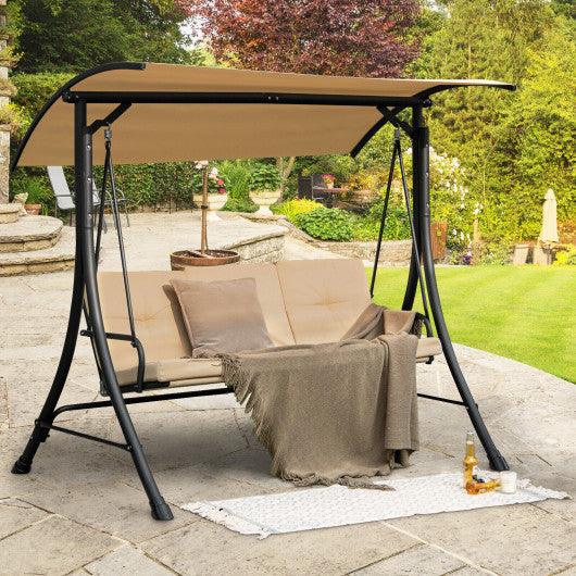 3-Seat Outdoor Porch Swing with Adjustable Canopy and Padded Cushions-Beige at Set Shop and Smile