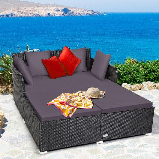 Spacious Outdoor Rattan Daybed with Upholstered Cushions and Pillows-Gray at Set Shop and Smile
