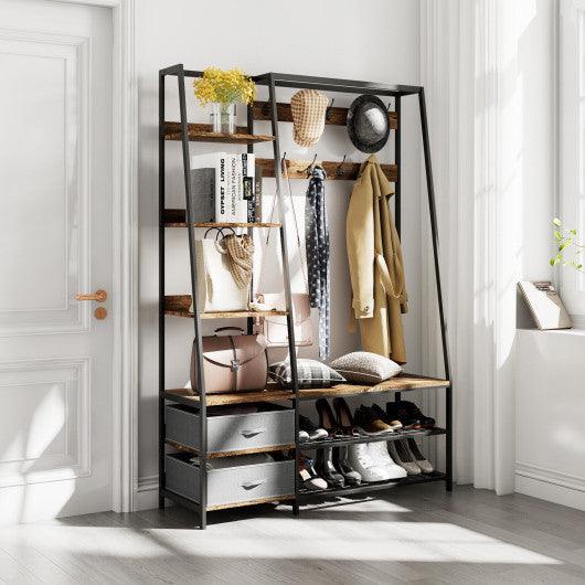 6-in-1 Freestanding Hall Tree Coat Rack with Bench and Fabric Dressers-Rustic Brown at Set Shop and Smile