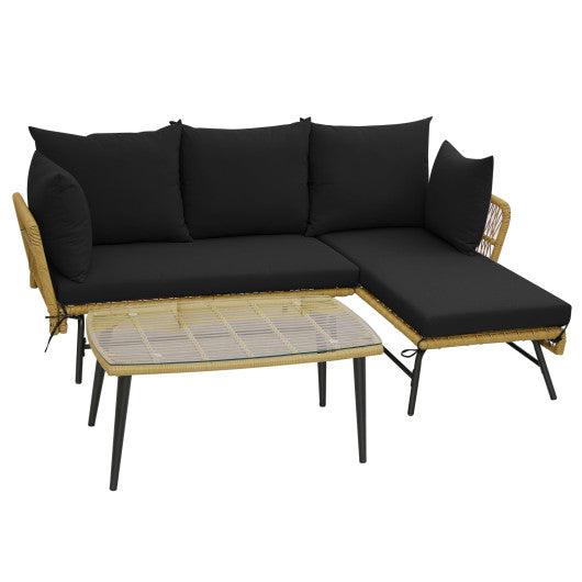 3 Pieces L-Shaped Patio Sofa with Cushions and Tempered Glass Table-Black at Set Shop and Smile