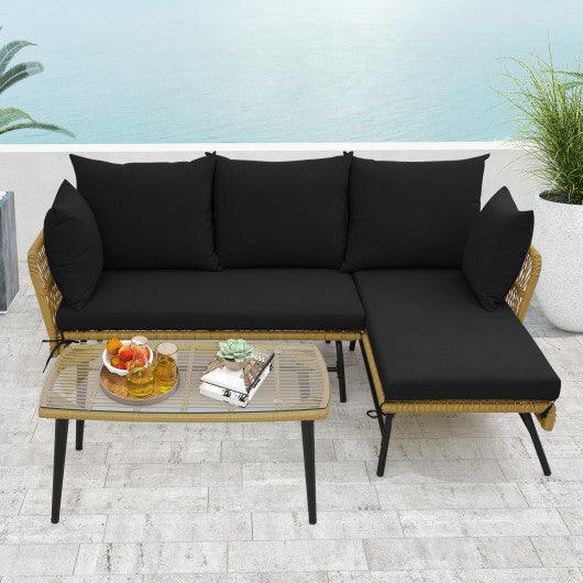 3 Pieces L-Shaped Patio Sofa with Cushions and Tempered Glass Table-Black at Set Shop and Smile