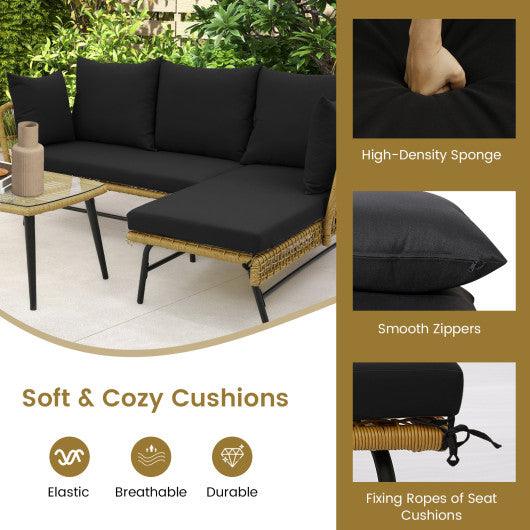 3 Pieces L-Shaped Patio Sofa with Cushions and Tempered Glass Table-Black at Set Shop and Smile