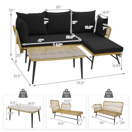 3 Pieces L-Shaped Patio Sofa with Cushions and Tempered Glass Table-Black at Set Shop and Smile