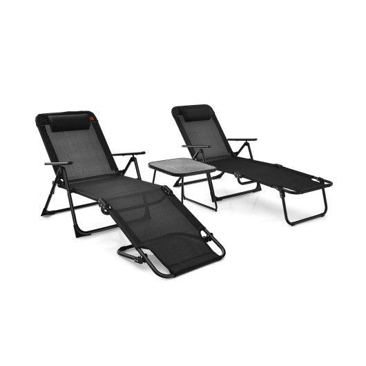 3 Pieces Patio Folding Chaise Lounge Set with PVC Tabletop-Black at Set Shop and Smile