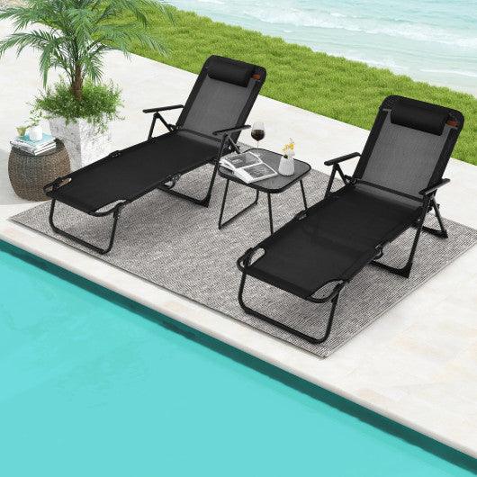 3 Pieces Patio Folding Chaise Lounge Set with PVC Tabletop-Black at Set Shop and Smile
