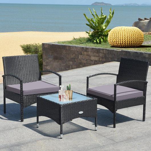 3 Pieces Patio Wicker Rattan Furniture Set with Cushion for Lawn Backyard-Gray at Set Shop and Smile