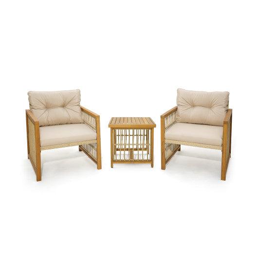 3 Pieces Patio PE Wicker Conversation Set with Acacia Wood Frame and Cushions-Beige at Set Shop and Smile