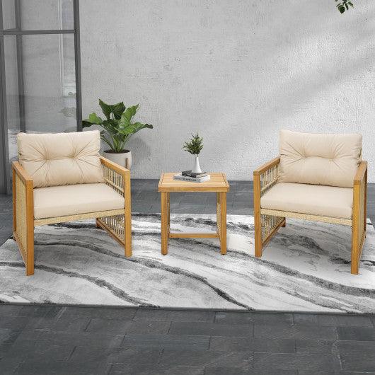 3 Pieces Patio PE Wicker Conversation Set with Acacia Wood Frame and Cushions-Beige at Set Shop and Smile