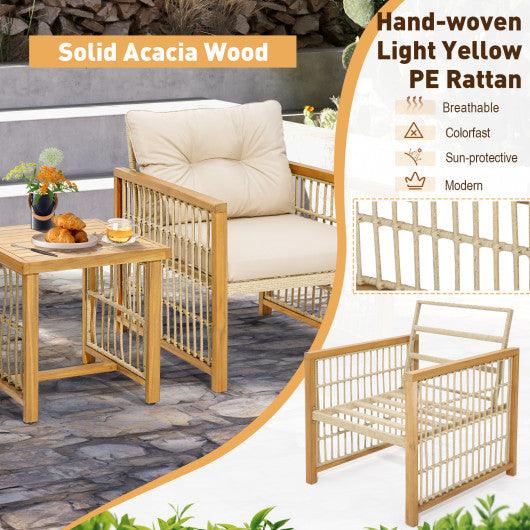 3 Pieces Patio PE Wicker Conversation Set with Acacia Wood Frame and Cushions-Beige at Set Shop and Smile
