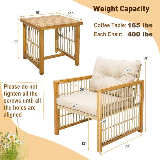 3 Pieces Patio PE Wicker Conversation Set with Acacia Wood Frame and Cushions-Beige at Set Shop and Smile