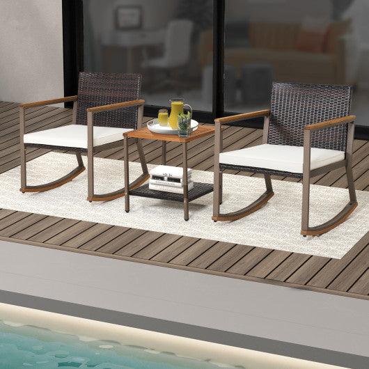 3 Pieces Rattan Rocking Bistro Set with Coffee Table and Cushions-Off White at Set Shop and Smile