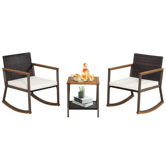 3 Pieces Rattan Rocking Bistro Set with Coffee Table and Cushions-Off White at Set Shop and Smile