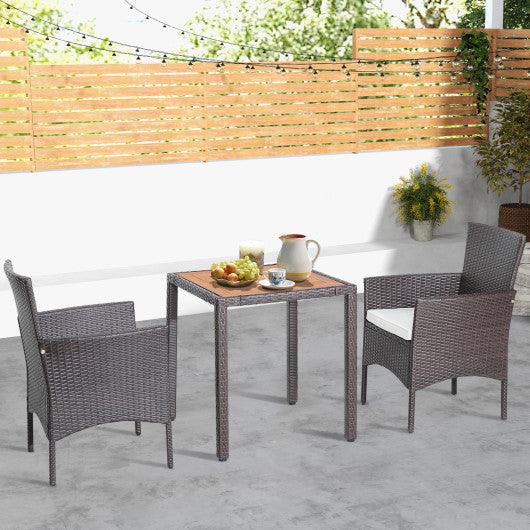 3 Pieces Patio Wicker Furniture Set wih Acacia Wood Table Top and Chair Cushiones at Set Shop and Smile