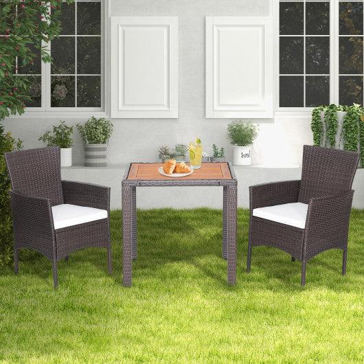 3 Pieces Patio Wicker Furniture Set wih Acacia Wood Table Top and Chair Cushiones at Set Shop and Smile