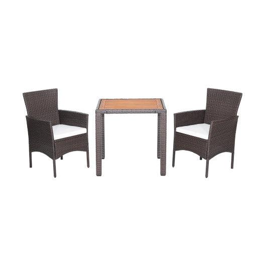 3 Pieces Patio Wicker Furniture Set wih Acacia Wood Table Top and Chair Cushiones at Set Shop and Smile