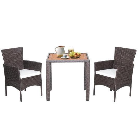3 Pieces Patio Wicker Furniture Set wih Acacia Wood Table Top and Chair Cushiones at Set Shop and Smile