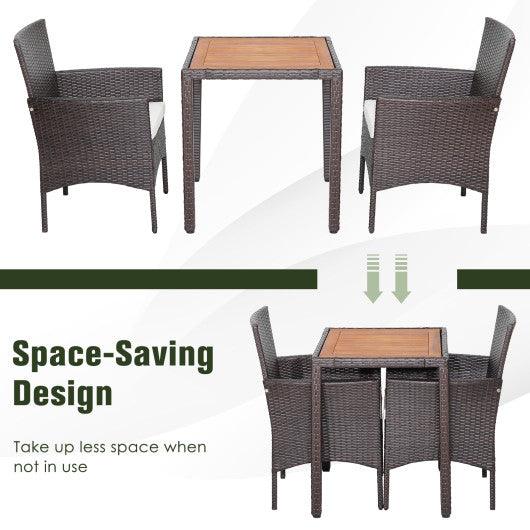 3 Pieces Patio Wicker Furniture Set wih Acacia Wood Table Top and Chair Cushiones at Set Shop and Smile