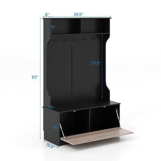 3 in 1 Coat Rack with Entryway Bench and Hooks and Enclosed Cabinet-Black at Set Shop and Smile