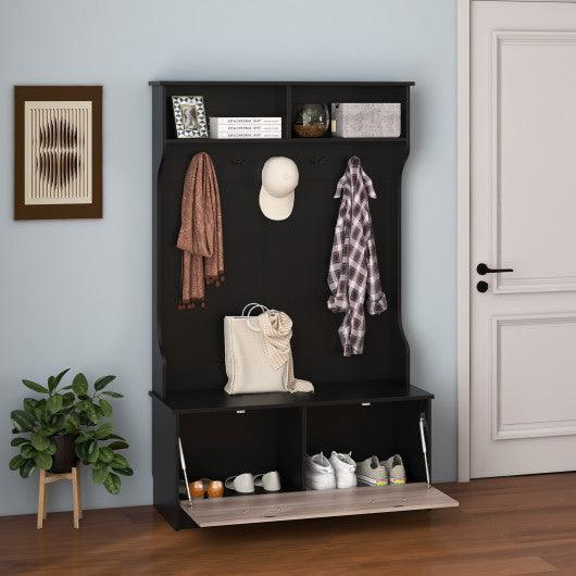 3 in 1 Coat Rack with Entryway Bench and Hooks and Enclosed Cabinet-Black at Set Shop and Smile
