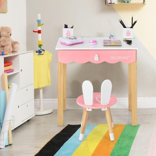 Kids Vanity Set Rabbit Makeup Dressing Table Chair Set with Mirror and Drawer-White at Set Shop and Smile