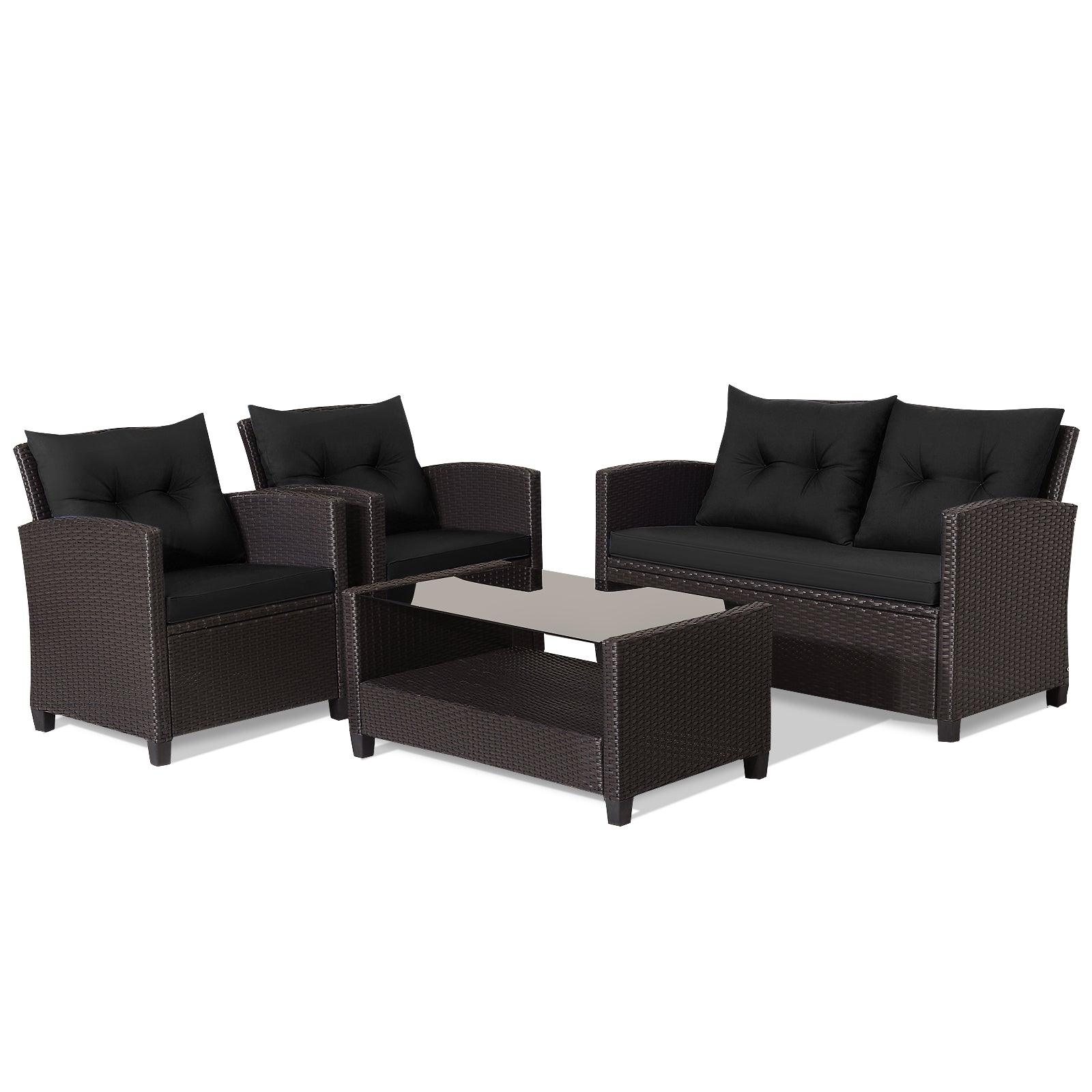 4 Pieces Patio Rattan Furniture Set with Tempered Glass Coffee Table-Black at Set Shop and Smile