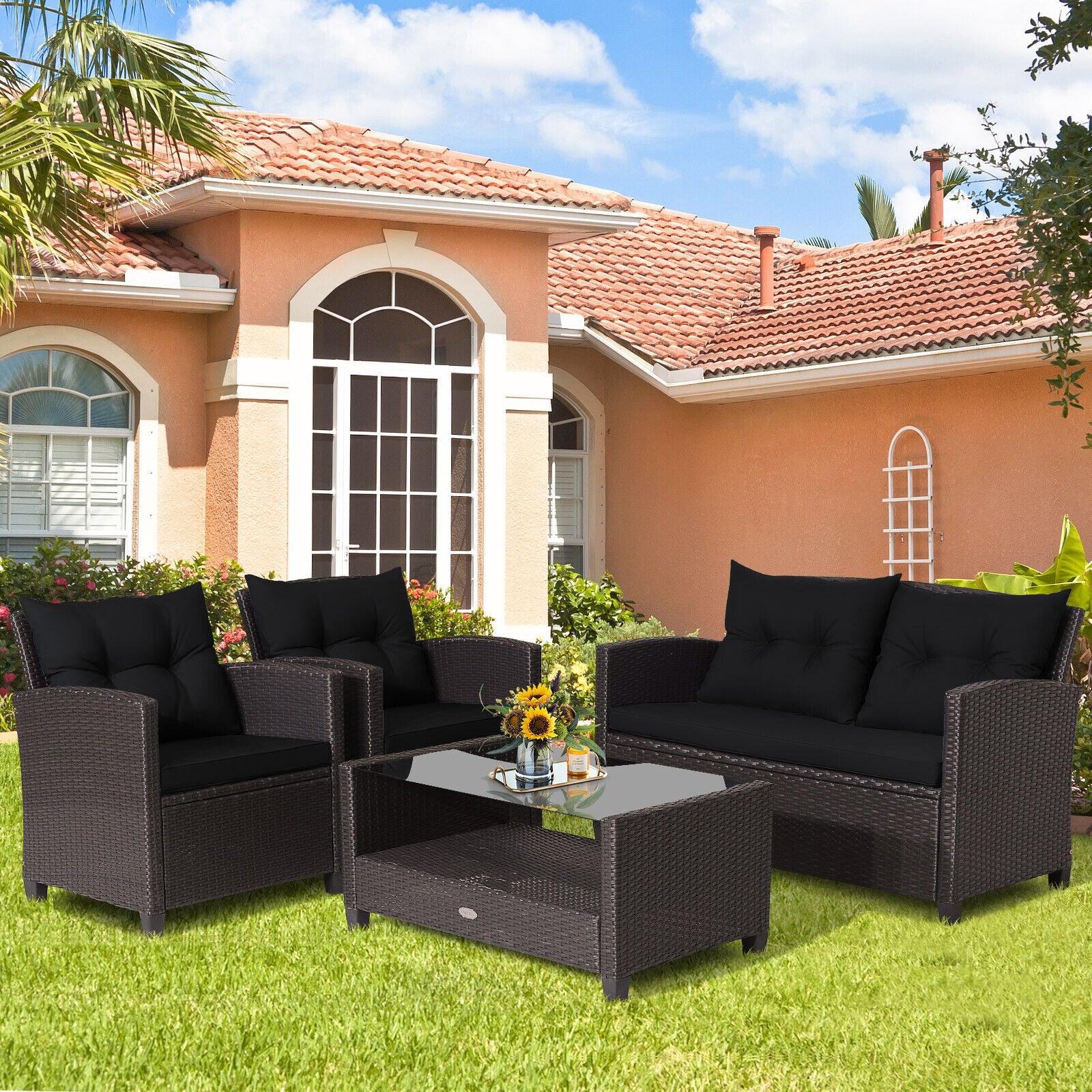 4 Pieces Patio Rattan Furniture Set with Tempered Glass Coffee Table-Black at Set Shop and Smile