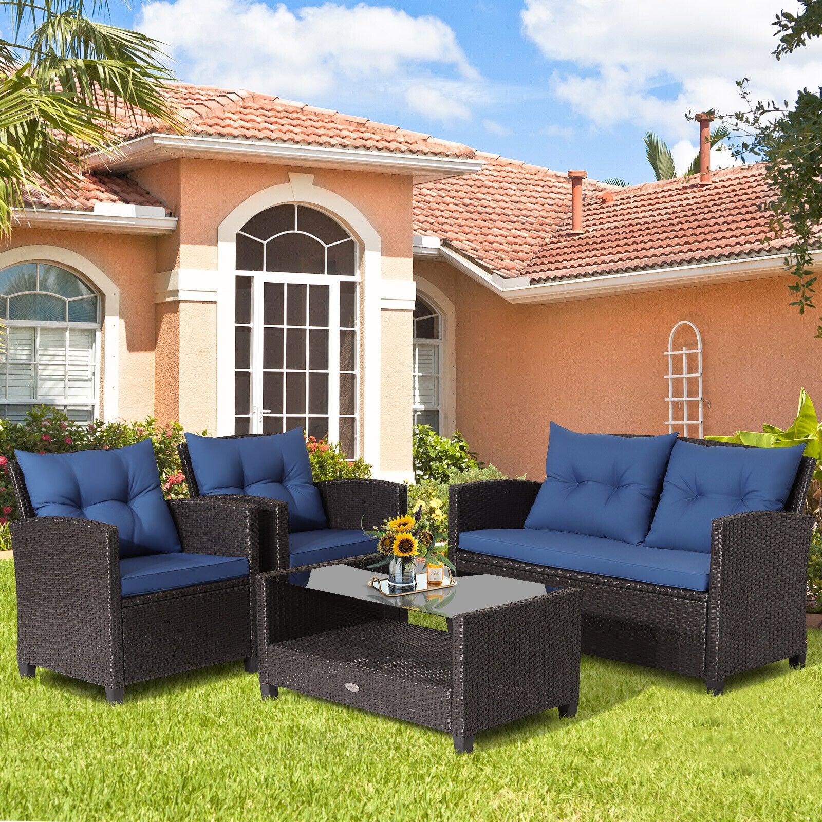4 Pieces Patio Rattan Furniture Set with Tempered Glass Coffee Table-Navy at Set Shop and Smile