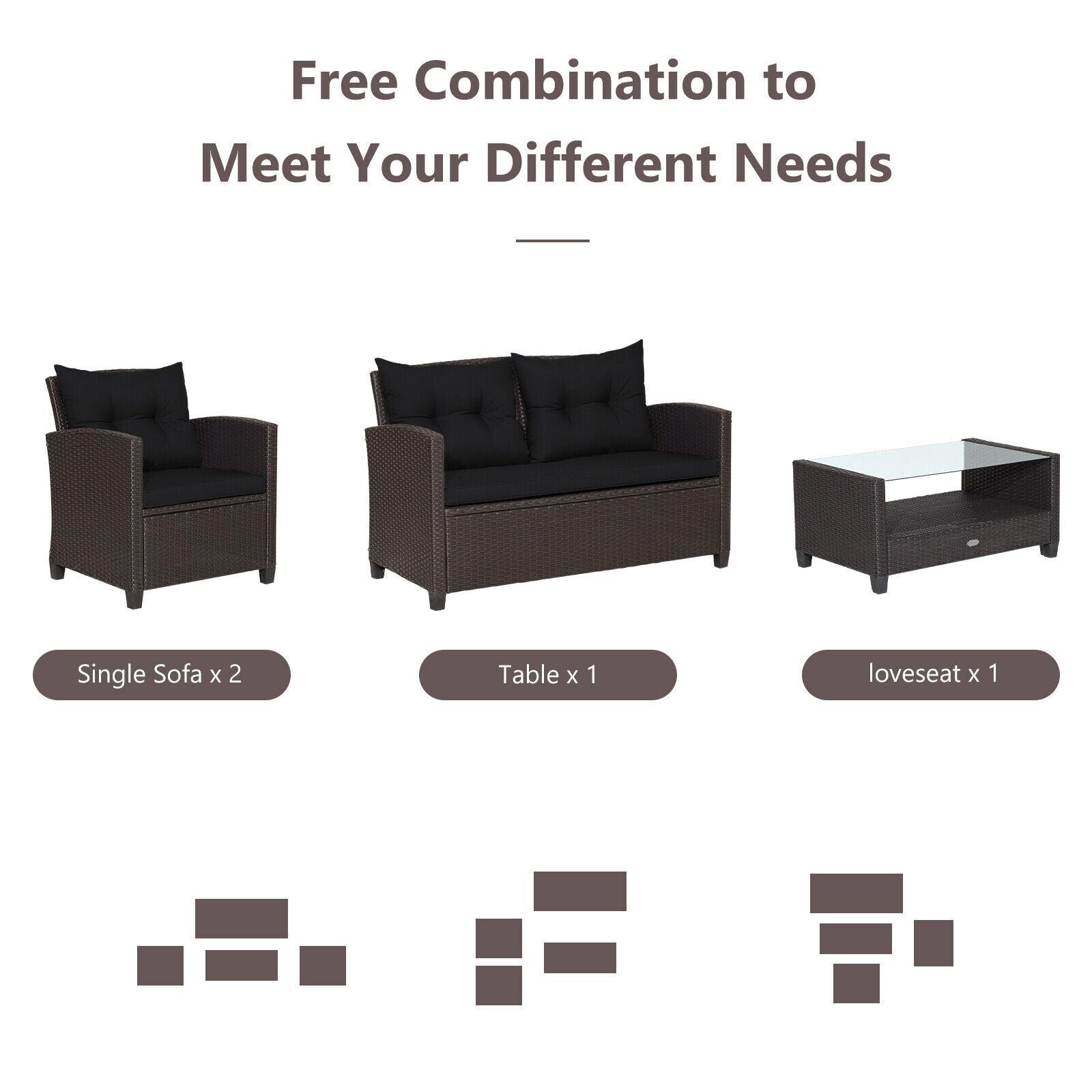 4 Pieces Patio Rattan Furniture Set with Tempered Glass Coffee Table-Black at Set Shop and Smile